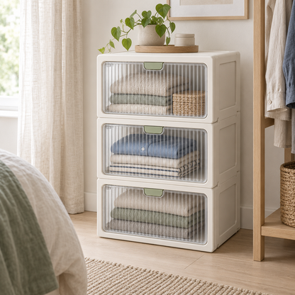 StackBox Modular Storage Bins organizing folded clothing in a bedroom