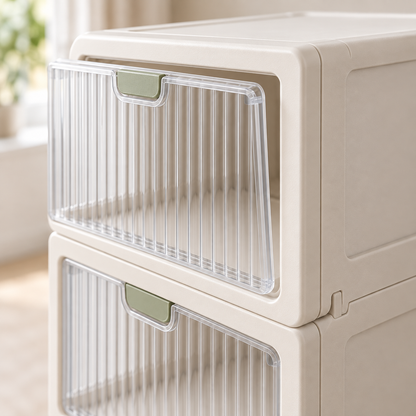 Close-up of the clear front door and sage handle on StackBox bins