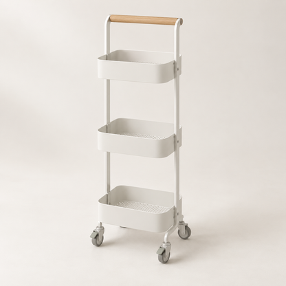 RollSlim 3-Tier Utility Cart in off-white with a wood handle