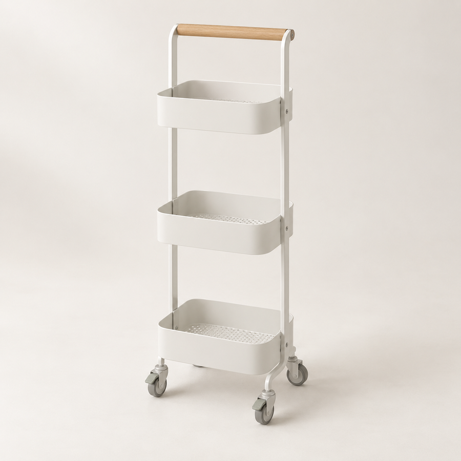 RollSlim 3-Tier Utility Cart in off-white with a wood handle