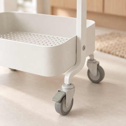 Close-up of the locking caster and perforated tray on the RollSlim cart