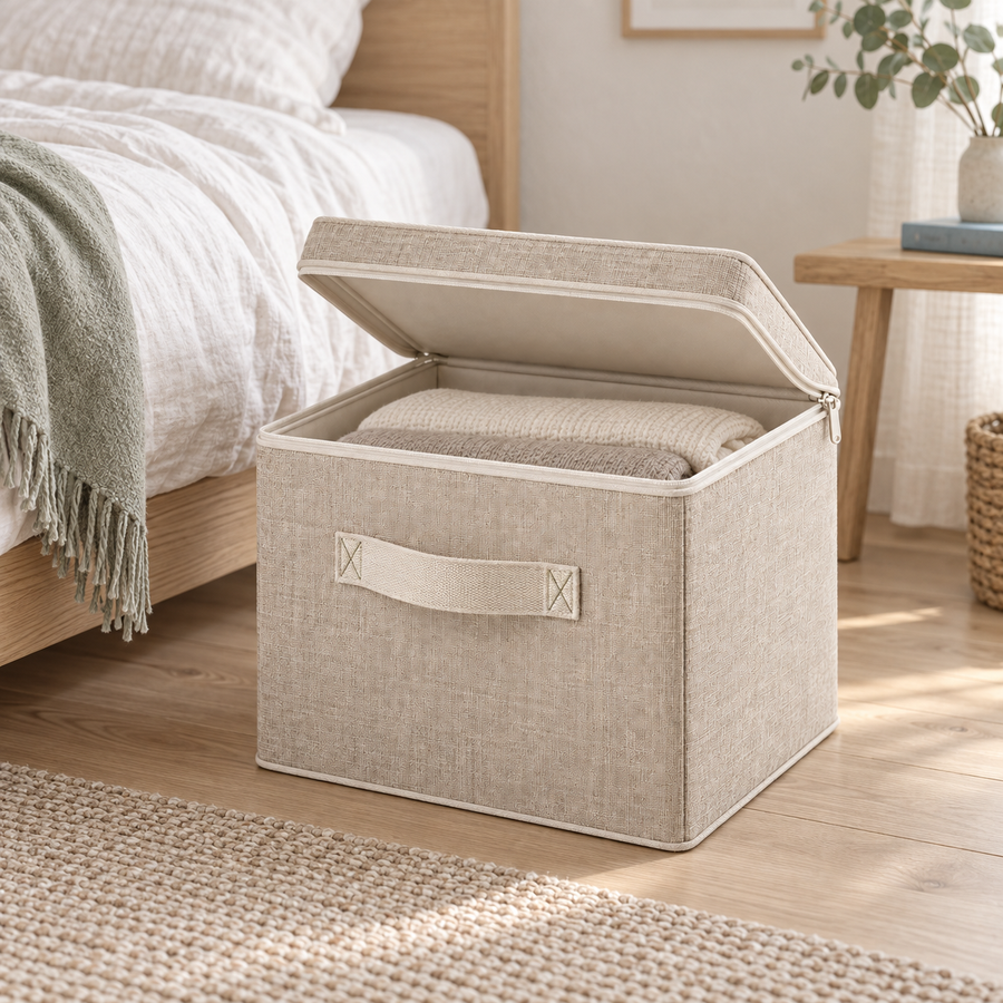 FoldCube Fabric Storage Box beside a bed holding folded linens