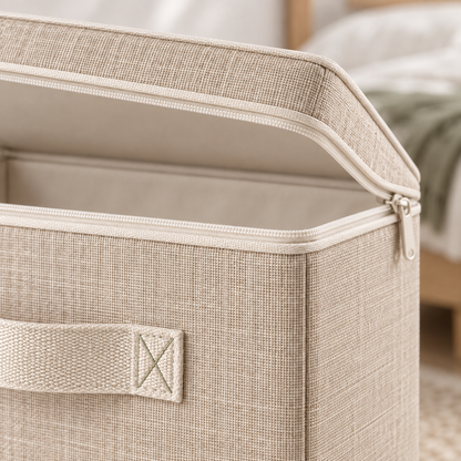 Close-up of the fabric texture, zipper and carry handle on the FoldCube box