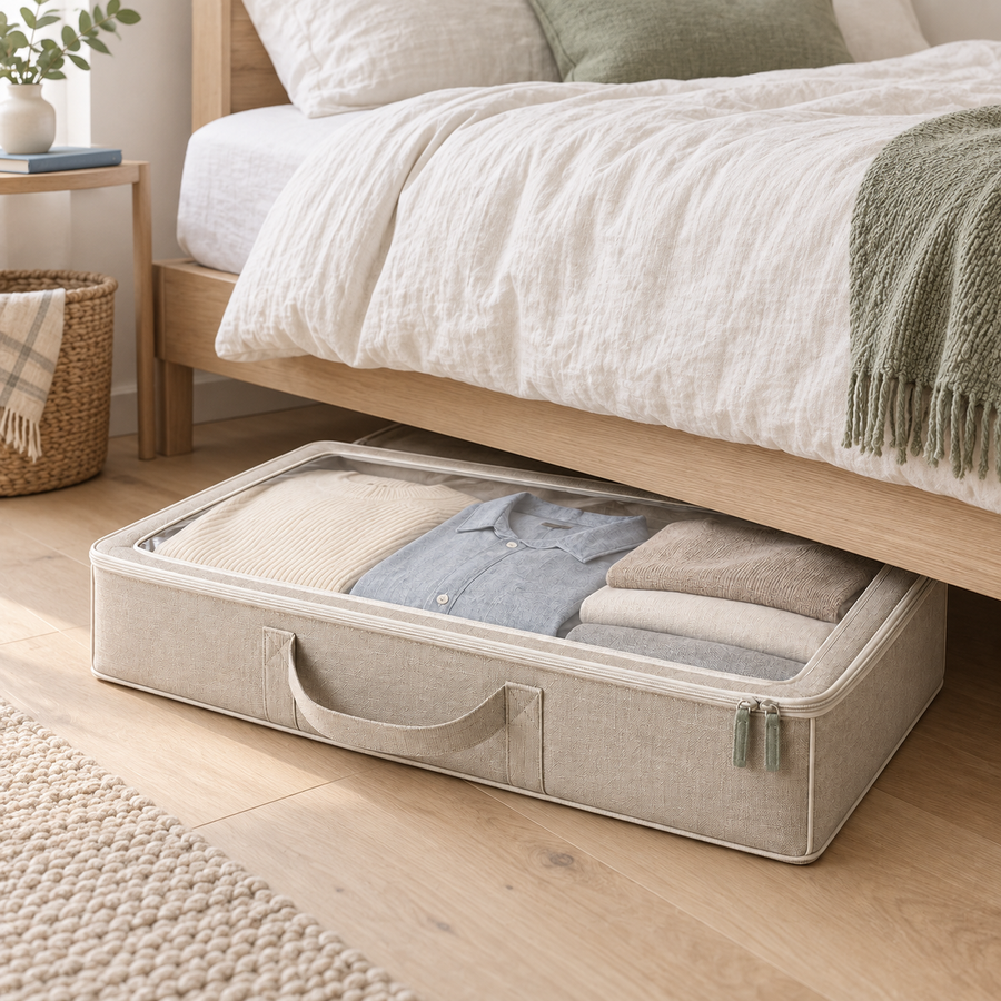 Underbed Zip Storage Case sliding beneath a wooden bed