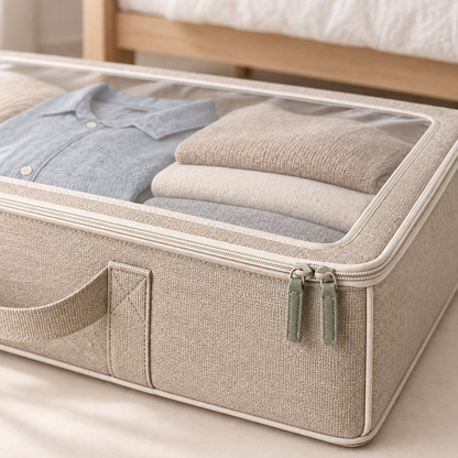 Close-up of the clear top, dual zippers and carry handle on the underbed case