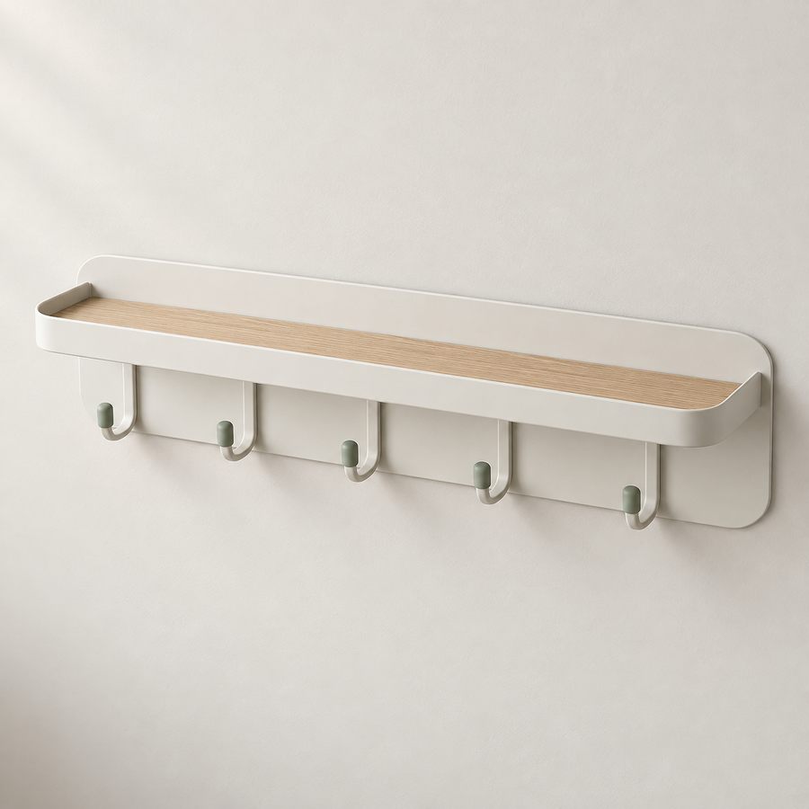 EntryRail Wall Organizer with a wood-accent shelf and five hooks