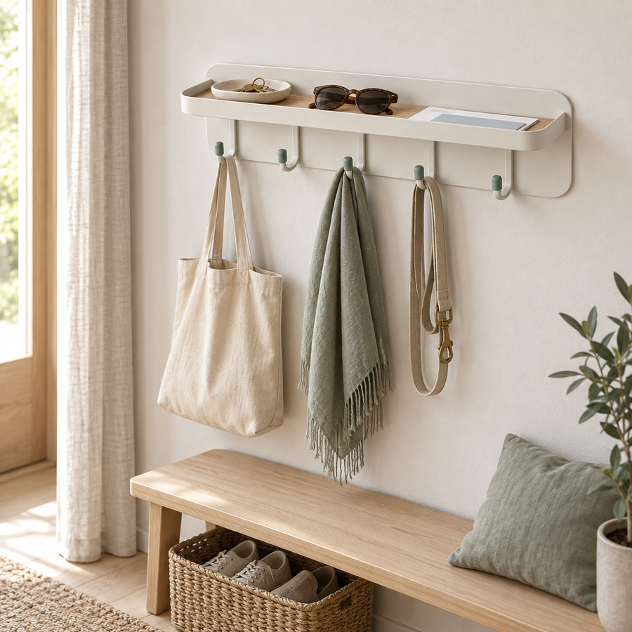 EntryRail Wall Organizer holding everyday essentials in a bright entryway