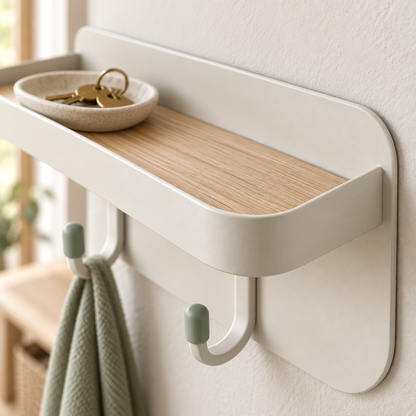 Close-up of the wood shelf and sage-tipped hooks on the EntryRail organizer
