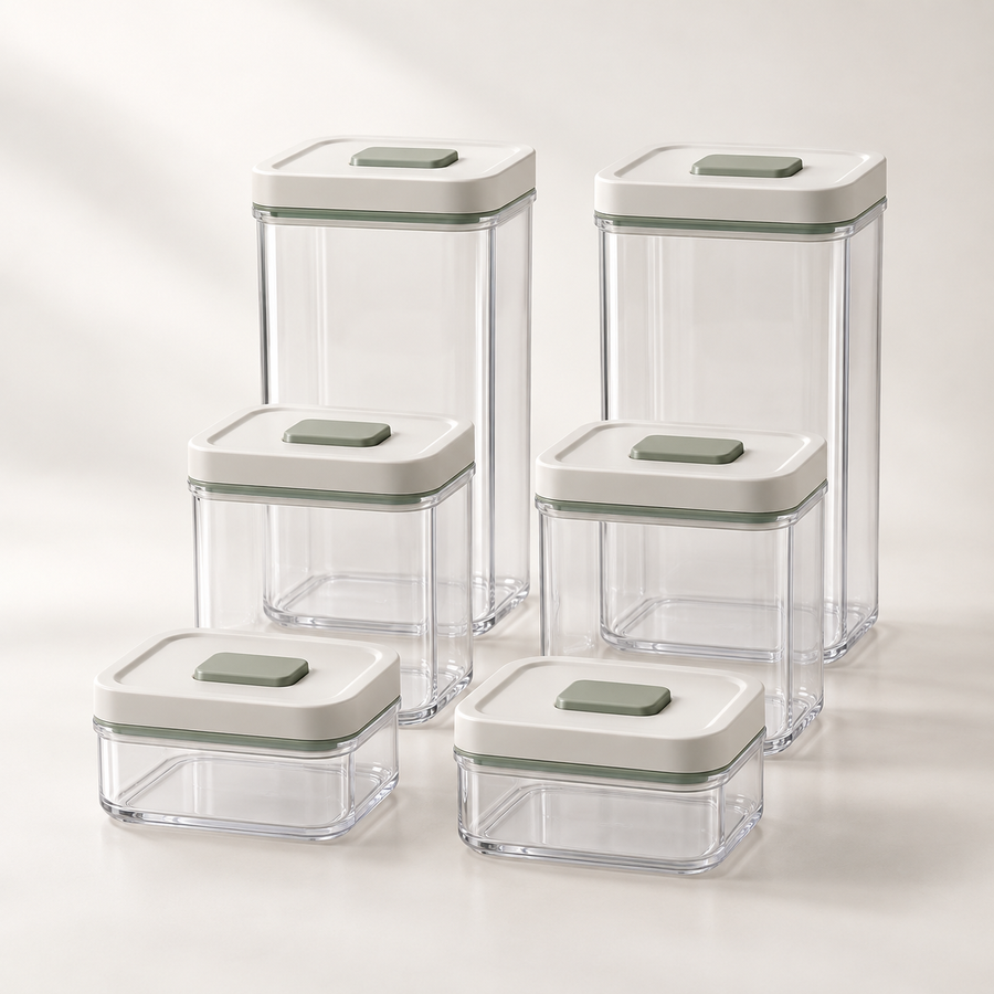 PantrySeal Airtight Container Set in clear and off-white finishes