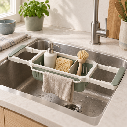 SinkSpan Expandable Sink Caddy holding soap, sponge and brush over a kitchen sink