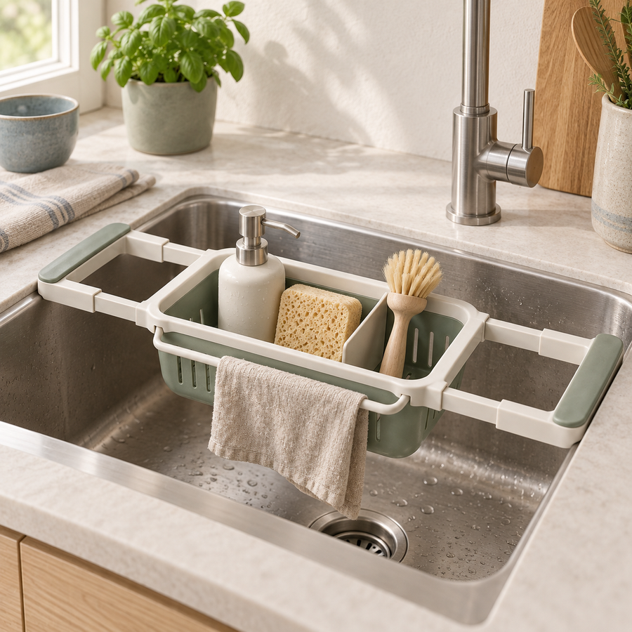 SinkSpan Expandable Sink Caddy holding soap, sponge and brush over a kitchen sink