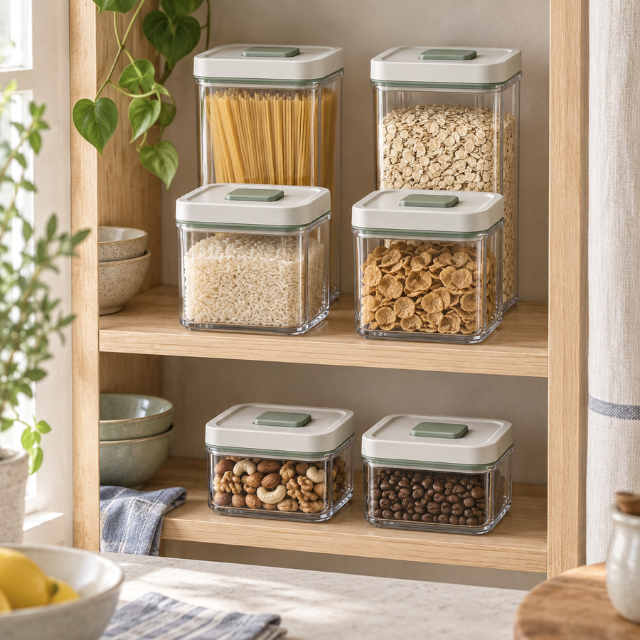 PantrySeal Airtight Container Set organizing dry goods on an open kitchen shelf