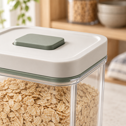 Close-up of the sage press tab and sealing lid on a PantrySeal container