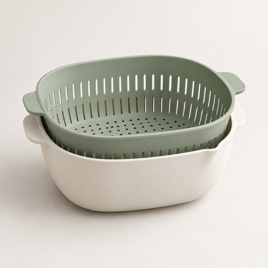 RinseNest Colander Bowl in sage green and warm white