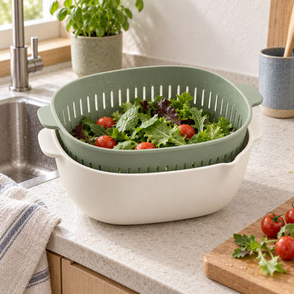 RinseNest Colander Bowl holding freshly washed salad beside a kitchen sink