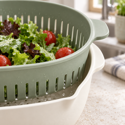 Close-up of the drainage slots and nested bowl on the RinseNest Colander Bowl