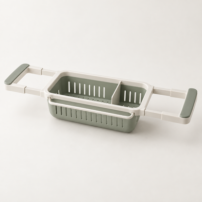 SinkSpan Expandable Sink Caddy in sage green and warm white