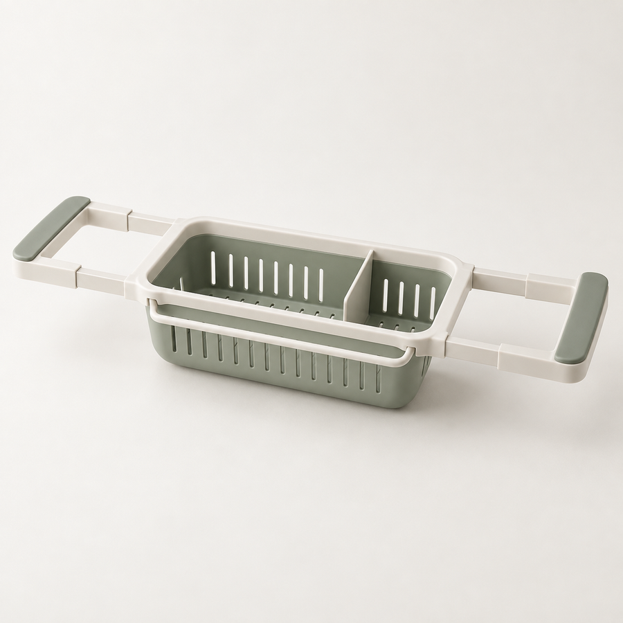 SinkSpan Expandable Sink Caddy in sage green and warm white