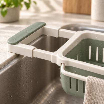 Close-up of the adjustable arm and drainage basket on the SinkSpan Caddy