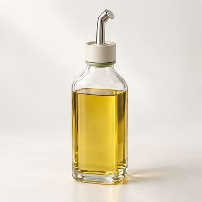 PurePour Glass Oil Dispenser filled with golden cooking oil