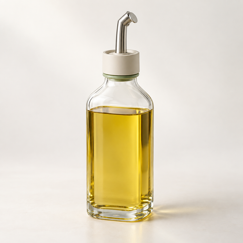PurePour Glass Oil Dispenser filled with golden cooking oil