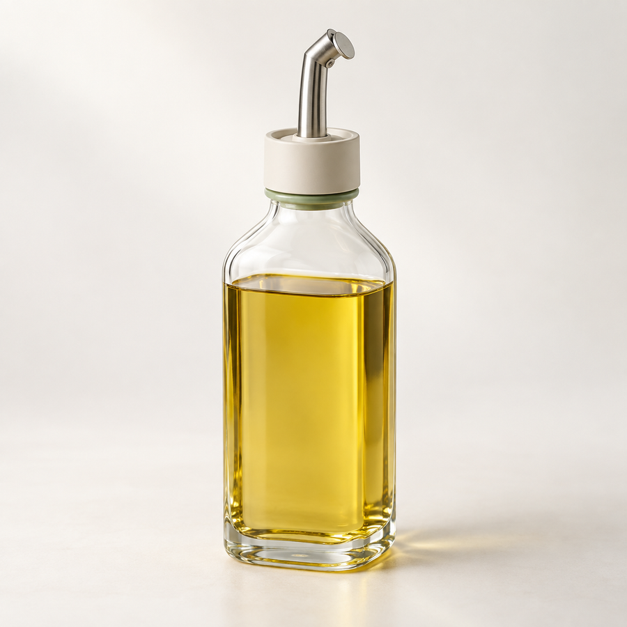 PurePour Glass Oil Dispenser filled with golden cooking oil