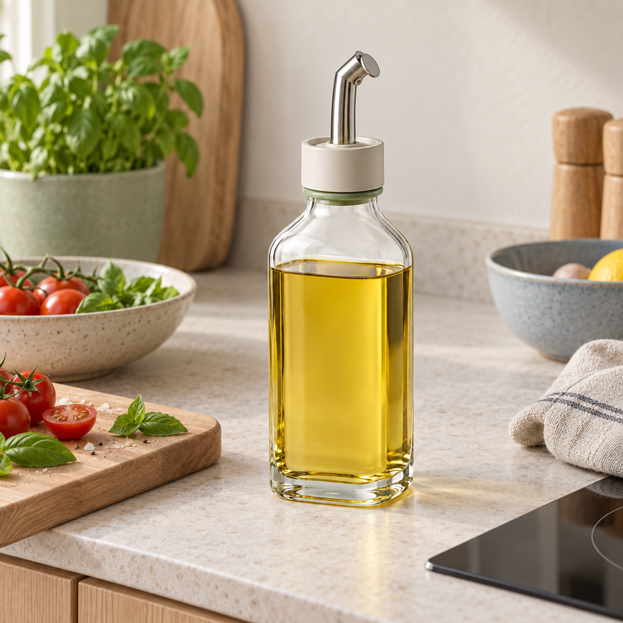 PurePour Glass Oil Dispenser beside fresh ingredients on a bright kitchen counter