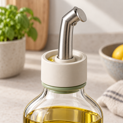 Close-up of the angled stainless-steel spout on the PurePour Oil Dispenser