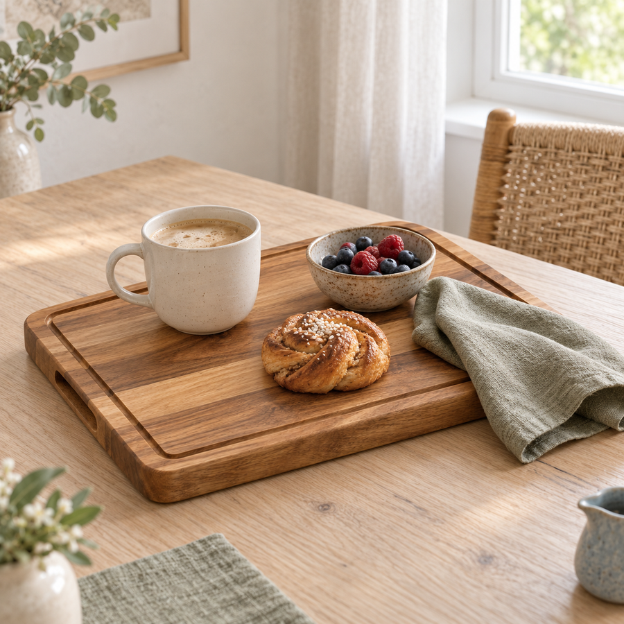 GrovePrep Acacia Cutting Board serving breakfast on a light wood dining table