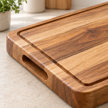 Close-up of the perimeter groove and side grip on the GrovePrep Cutting Board