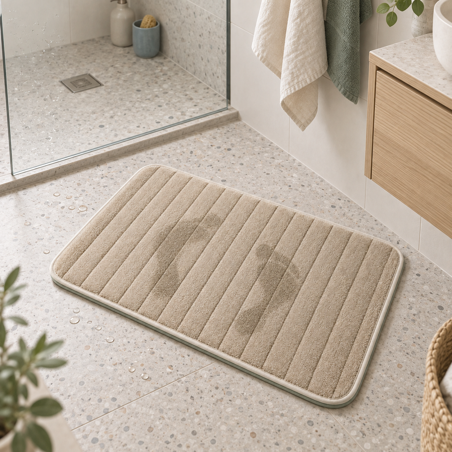 DryStep Quick-Dry Bath Mat beside a bright modern shower