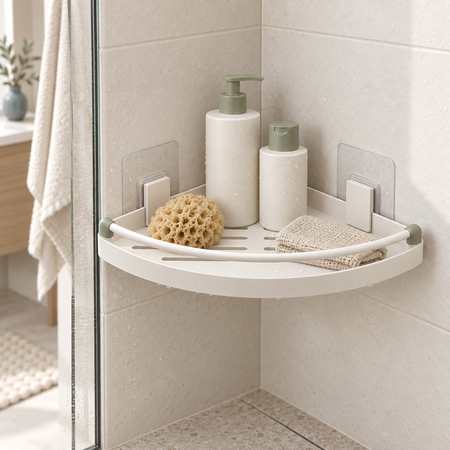 CornerShelf Adhesive Organizer holding shower essentials in a bright bathroom