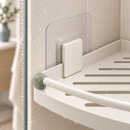 Close-up of the adhesive mounting system and drainage design on the CornerShelf Organizer