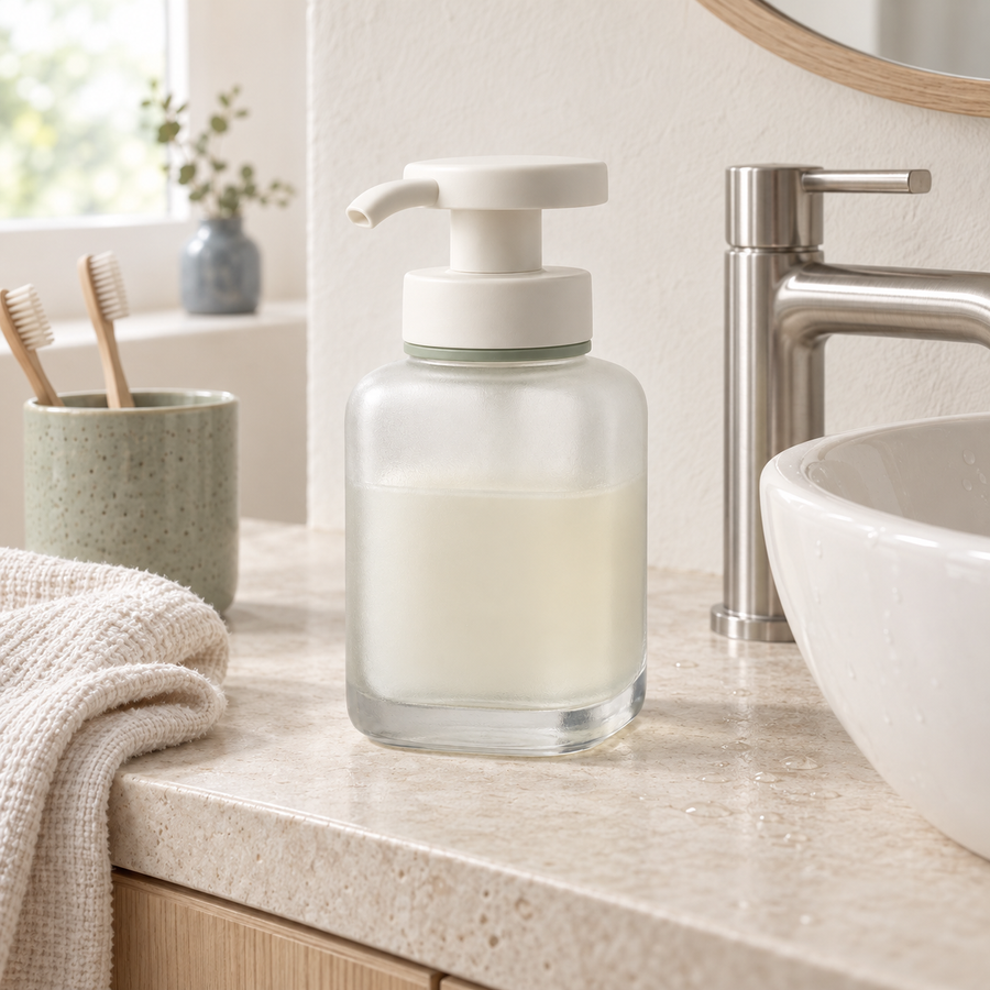FoamPress Soap Dispenser in use beside a bright bathroom sink