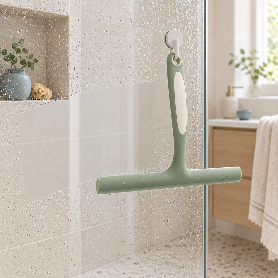 ClearSwipe Silicone Squeegee clearing water from shower glass