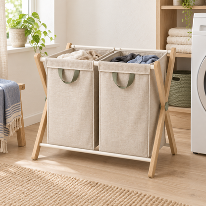 SortFold Double Laundry Hamper organizing clothes in a calm laundry space