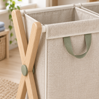 Close-up of the divided interior and structured frame of the SortFold Hamper