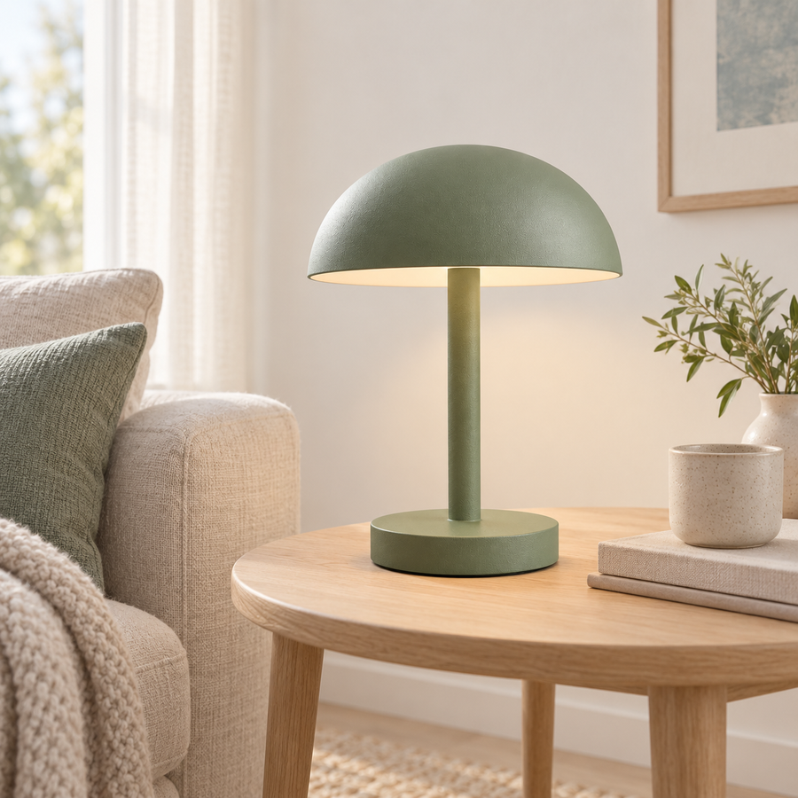 HaloGo Rechargeable Table Lamp glowing on a light wood living room side table