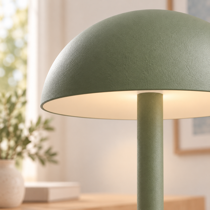 Close-up of the domed shade and warm downward light on the HaloGo Table Lamp