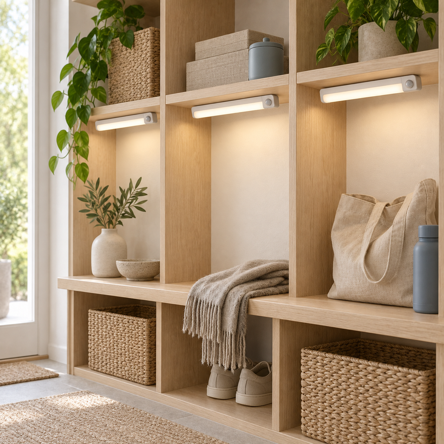 GlowPath Motion Sensor Lights illuminating open entryway shelves
