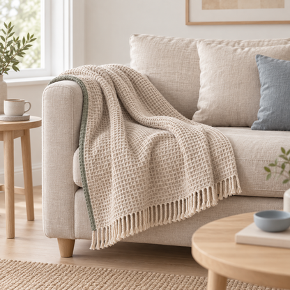WaffleSoft Throw Blanket draped over a light neutral sofa