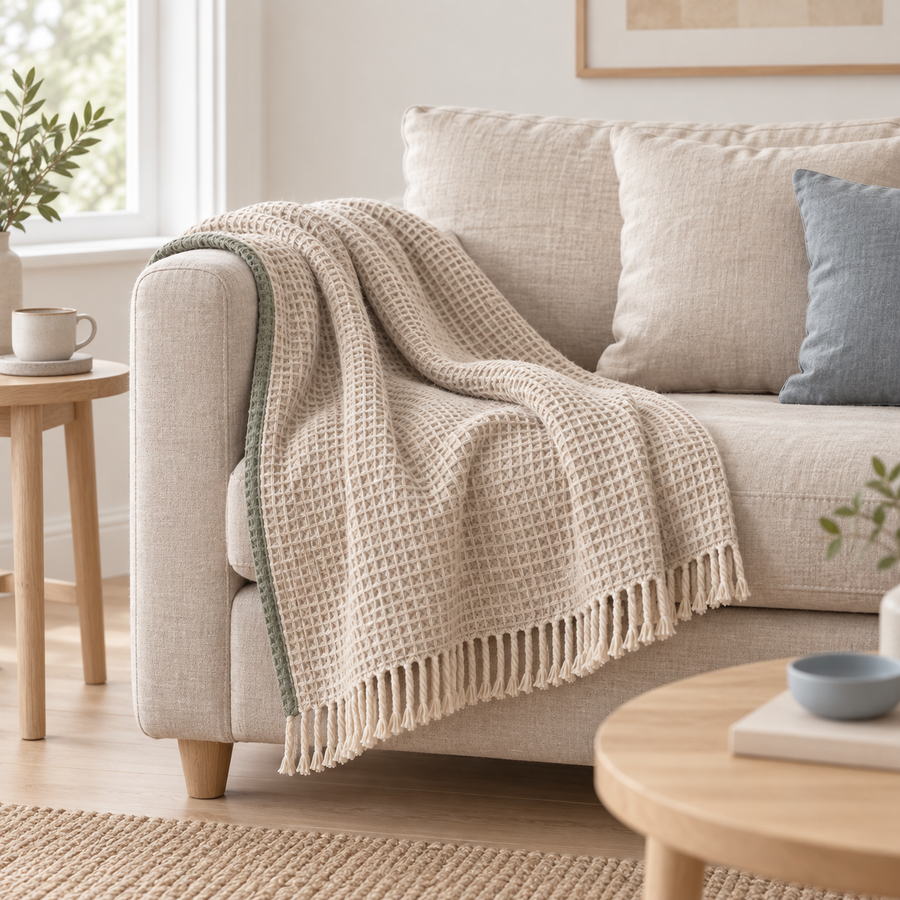 WaffleSoft Throw Blanket draped over a light neutral sofa