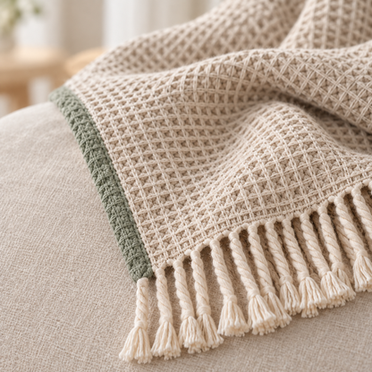Close-up of the waffle weave, sage edge and fringe on the WaffleSoft Throw Blanket