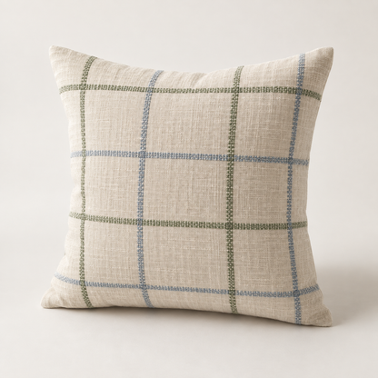 GridWeave Cushion Cover with a green and blue woven check pattern