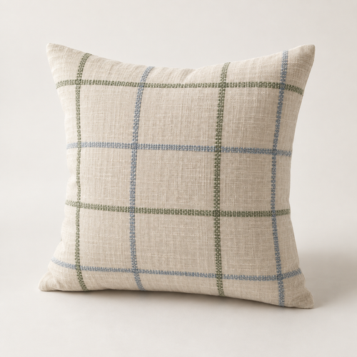 GridWeave Cushion Cover with a green and blue woven check pattern
