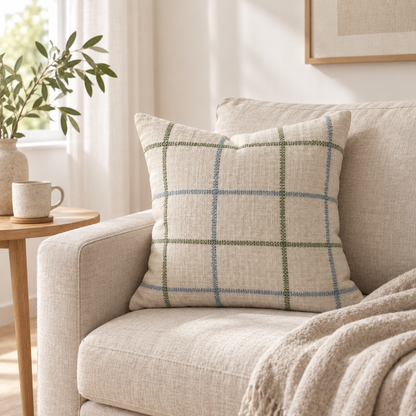 GridWeave Cushion Cover styled on a light neutral armchair