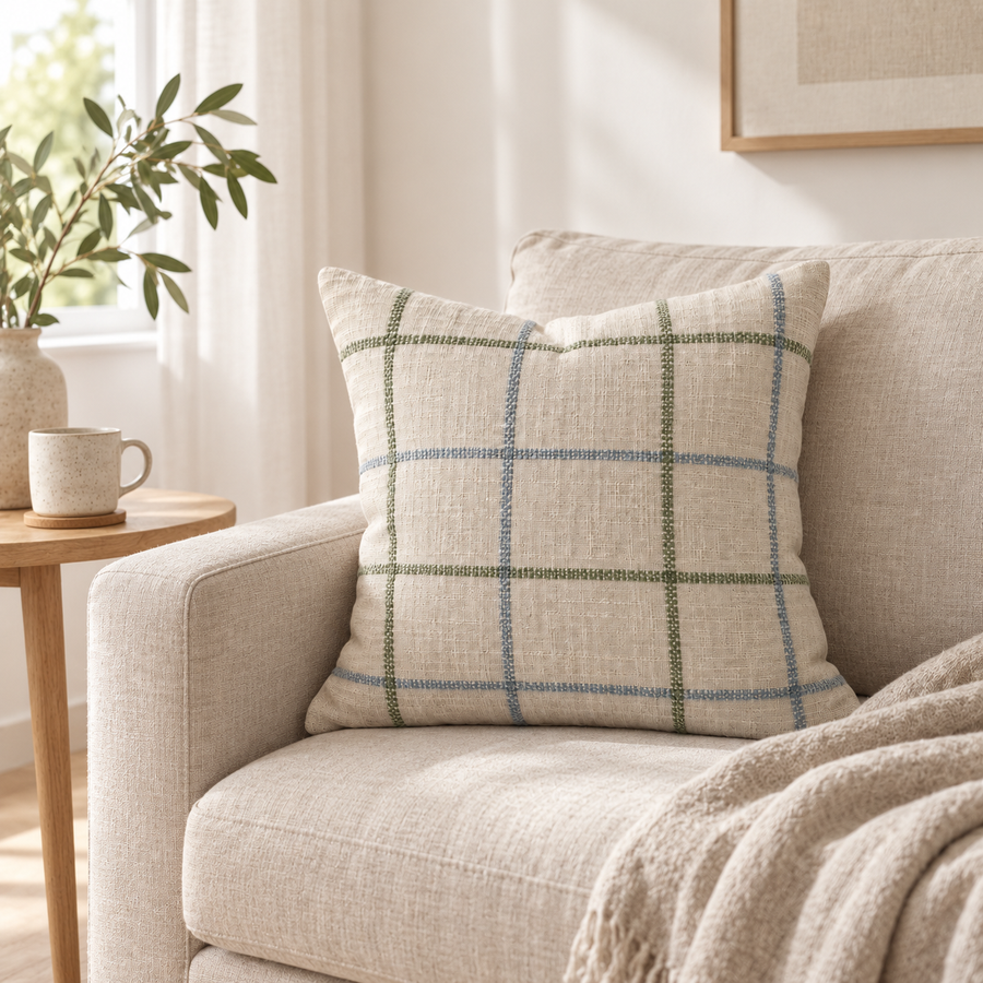 GridWeave Cushion Cover styled on a light neutral armchair