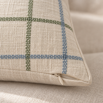 Close-up of the woven grid texture and concealed zip on the GridWeave Cushion Cover