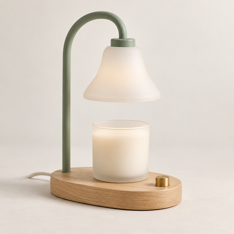 WarmArc Candle Warmer Lamp with a sage arch and warm wood base