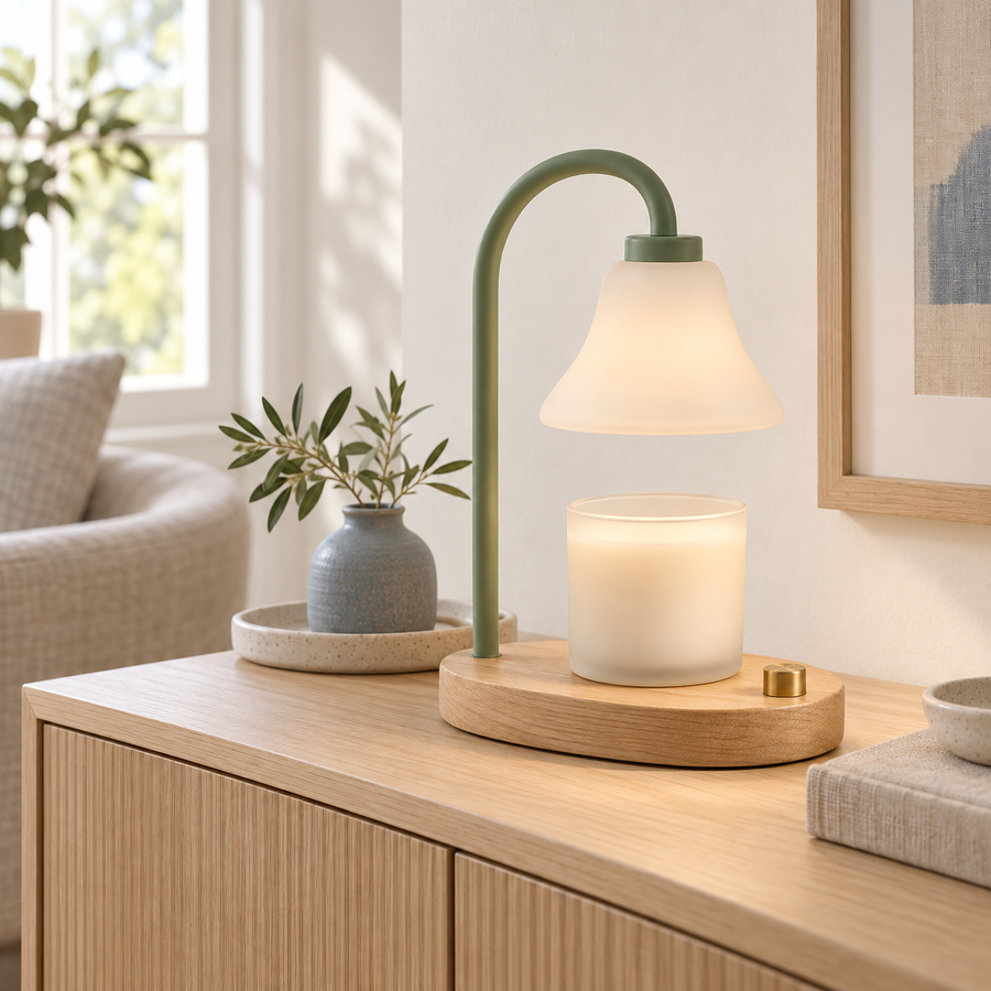 WarmArc Candle Warmer Lamp glowing on a modern living room cabinet